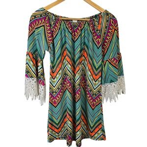 WinWin Half Sleeve Lace Tunic Dress Boho Geometric Print Off Shoulder Women S M